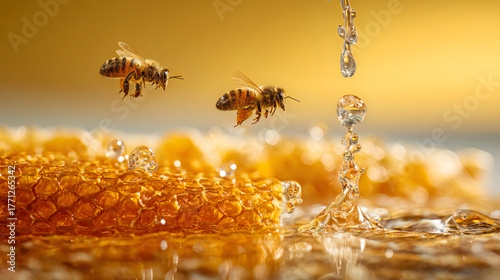 Golden honeycomb with bees gathering fresh natural honey as golden syrup drips softly