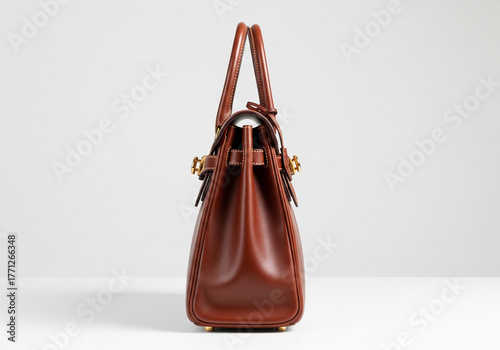 Side Profile of Classic Tan Leather Top Handle Bag with Gold Buckles on White Background