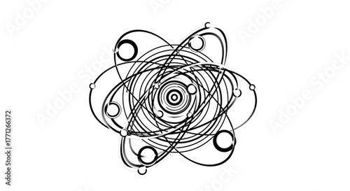 Abstract depiction of an atom with intricate orbital patterns and circular elements