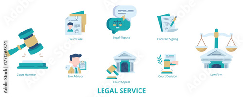 Legal Service Flat Banner Web Icon Set Vector Illustration