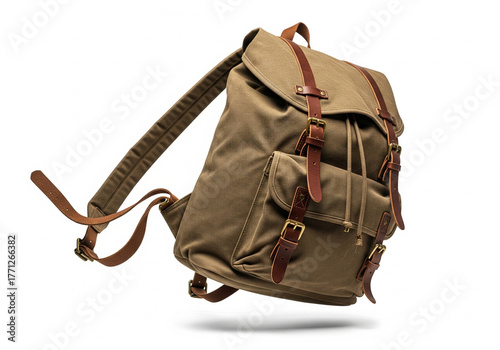 Minimalist Vintage Khaki Canvas and Leather Backpack Floating on White Background