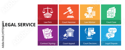 Legal Service Glyph Solid Banner Web Icon Set Vector Illustration