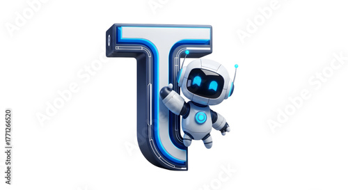 Futuristic robot beside letter T � digital design art