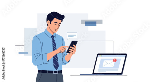 Businessman Checking His Messages on Smart Phone and Computer Screen Communication Concept