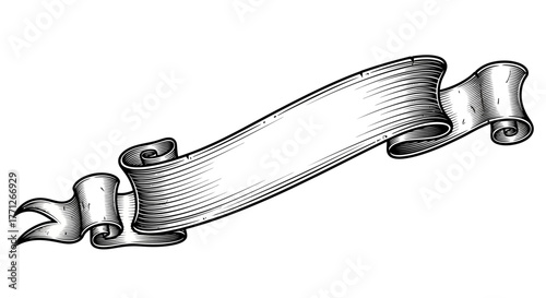 Vintage scroll banner illustration with detailed etching and blank text area for customization