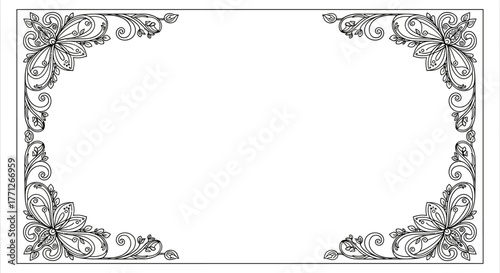 Elegant floral frame design in black and white with delicate details and ornate corners providing