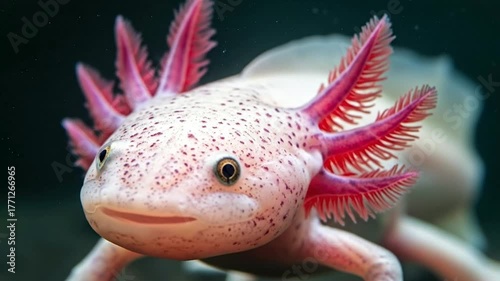 Close-up of an axolotl with pink gills and