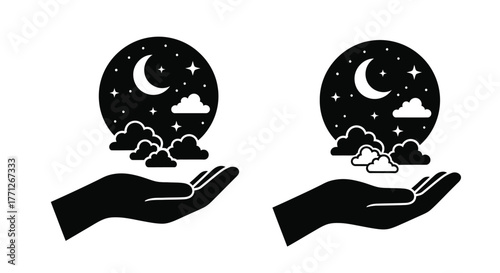 Hands cradling night scenes with crescent moons and twinkling stars