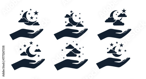 Hands gently holding celestial elements moons stars and dreamy clouds