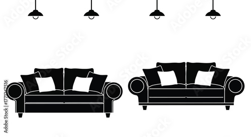 Black and white illustration of two sofas and hanging light fixtures
