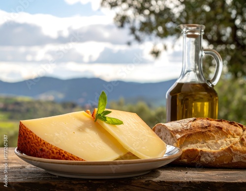 Slices of cheese with herbs rest on a plate beside a bread loaf and olive oil. Landscape backdrop