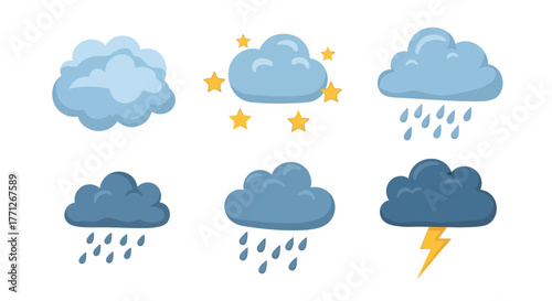 Collection of weather icons depicting clouds rain lightning and sunshine