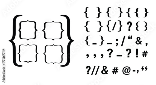 Collection of decorative brackets braces and punctuation symbols in black and white