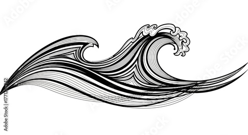 Stylized wave illustration with bold black lines conveying dynamic movement and nautical design