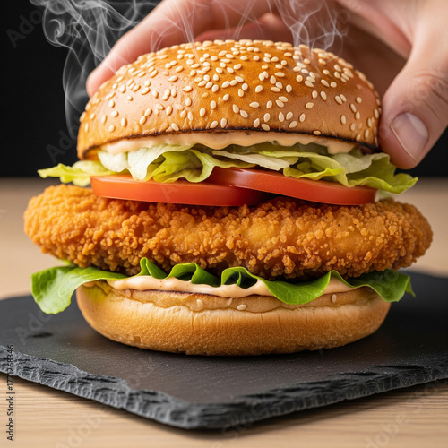 Hand Holding Steaming Hot Crispy Fried Chicken Burger with Fresh Vegetables on Slate