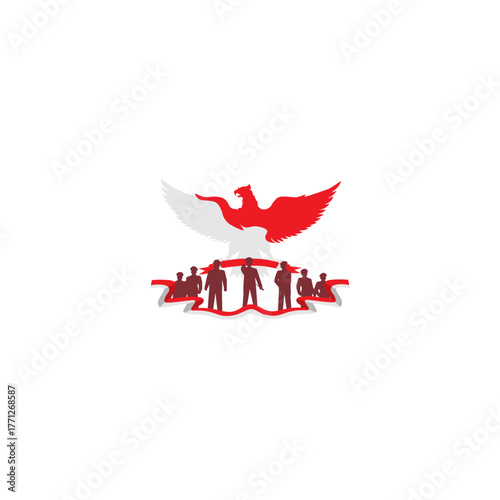 Patriotic Indonesian emblem featuring a red and white eagle symbol and silhouettes of heroes