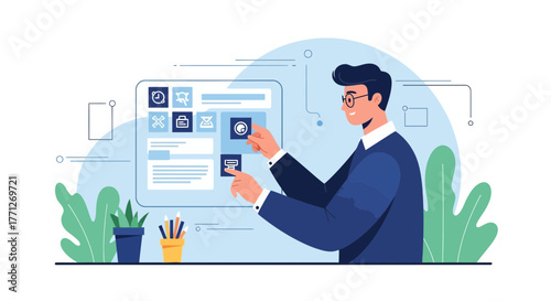 Man Navigating Interface, Utilizing Technology, Modern Workplace Efficiency, Digital Design