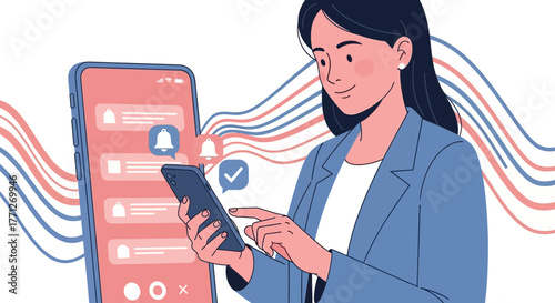 Modern Woman Interacting With Smartphone Notifications And Digital Communication