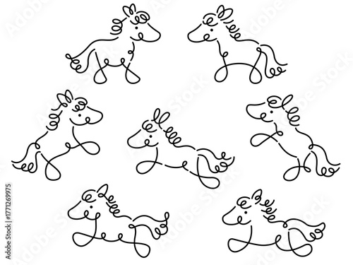 馬のカリグラフィー線画イラストセット