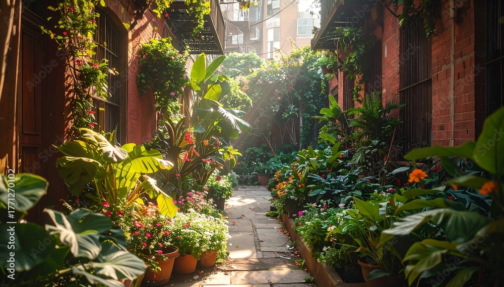 Naklejka premium Lush, sunny alleyway with vibrant plants, stone path, and brick buildings