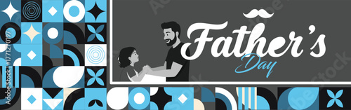 Creative Father’s Day Poster Design with Father and Child Illustration on Dark Background and Abstract Elements