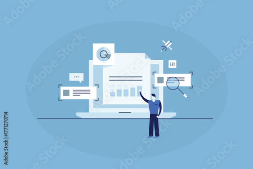 Business analyst interprets complex data through dynamic infographic for strategic decision.
