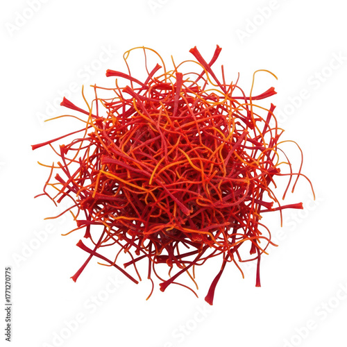 A pile of vibrant red saffron threads, isolated on a clean transparent background