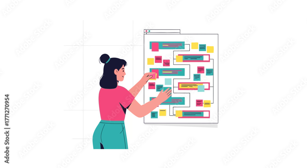Fototapeta premium Woman Analyzing Data Diagram on Whiteboard, Project Management Process Illustration
