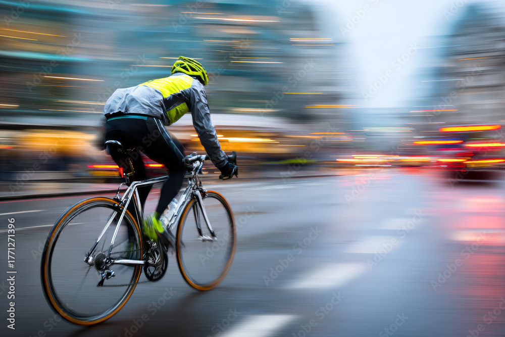 Fototapeta premium Blurred motion of a cyclist racing on a city street 