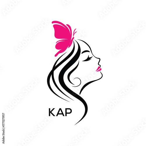 KAP Elegant Beauty Woman Logo. KAP with Butterfly Feminine Salon & Spa Branding. KAP Luxury Beauty Icon Design.
