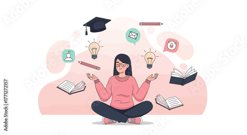 Woman Meditating Amidst Educational Symbols, Ideas, And Knowledge Acquisition