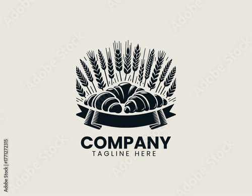 Freshly baked bread and wheat ears with ribbon in vintage engraving black and white vector logo design illustration