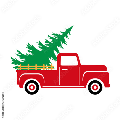 REd christmas truck with chrsitmas pine tree svg cut file. Isolated vector illustration.