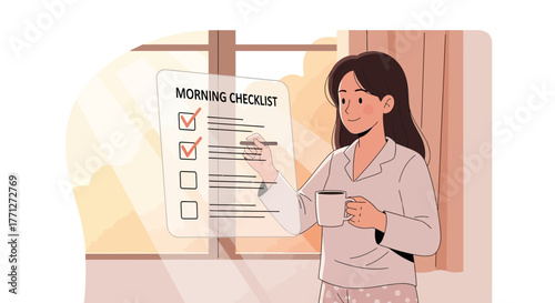 Woman Reviews Her Goals Schedule While Holding Coffee Cup Early Morning Sunlight