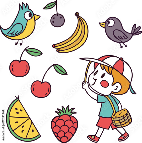 Cute Kid, Fruit, and Bird Cartoon Doodle Set