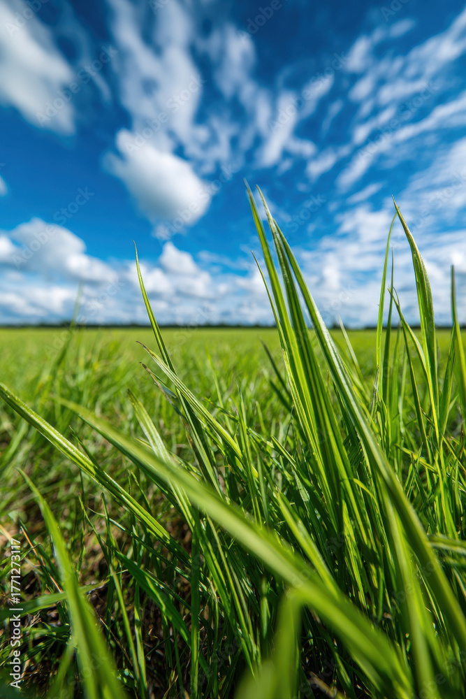 Obraz premium Pastoral field under wide blue sky with clouds