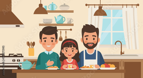 Family enjoying breakfast together in a cozy brightly lit kitchen setting