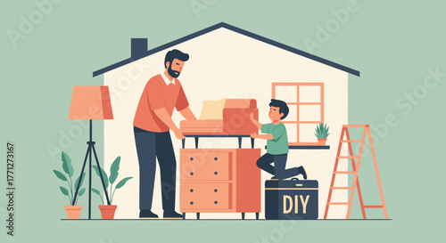 Father and Son Moving Furniture Together in Their New Home