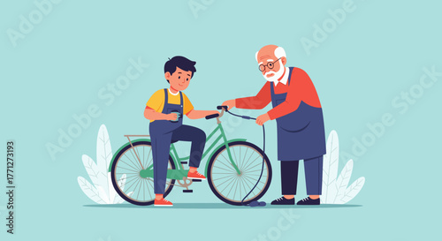 Grandfather Helping Young Boy Inflate Bicycle Tire with Pump