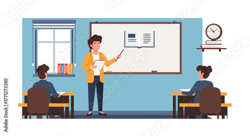 Teacher Explaining Lesson to Students in Classroom with Whiteboard and Clock