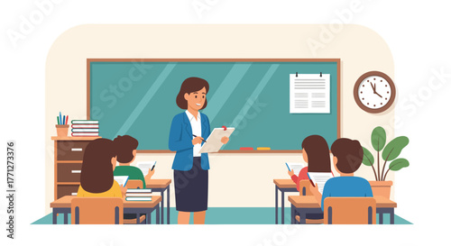 Teacher Instructing Students in Classroom with Blackboard and Clock Education Concept