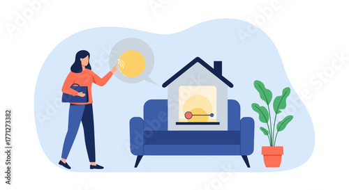 Woman Activating Smart Home Controls with Digital Interface Icon