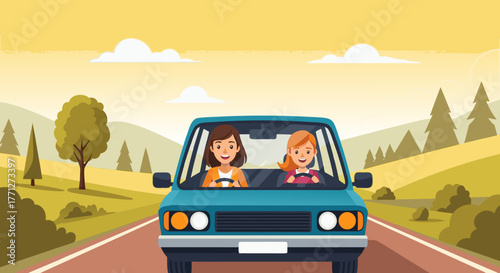Two Smiling Women Driving a Teal Car on a Scenic Road Trip