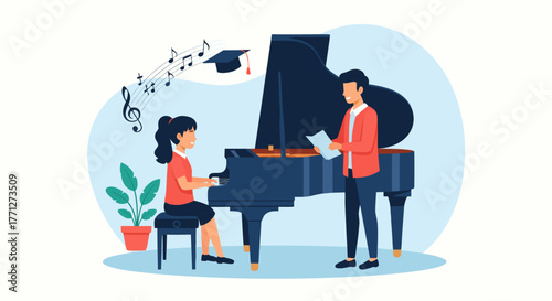 Young Pianist Receiving Instruction with Musical Notes and Graduation Cap
