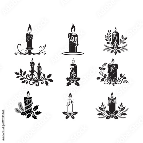 Black Gothic Holiday Candle & Holly Silhouette Illustration.