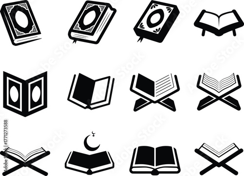 Islamic holy book icons, Quran book vector, religious symbol illustration, muslim prayer design, spirituality concept art, cad drawing flat vector illustration