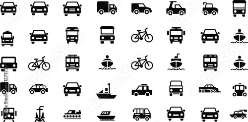 Transportation icon set, car bus truck bicycle ship symbols, travel and vehicle illustration, public transport design, logistics and travel concept