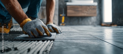 Close-up of tiler laying large format tiles on the floor