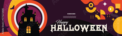 Halloween Haunted House banner Poster with Abstract Orange Elements, Pumpkins, and Night Sky