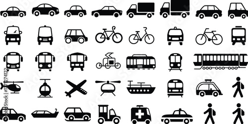Transportation vehicle icons collection, car bus train bike airplane ship helicopter symbols, public and private transport silhouettes, traffic and travel illustration, commute concept.